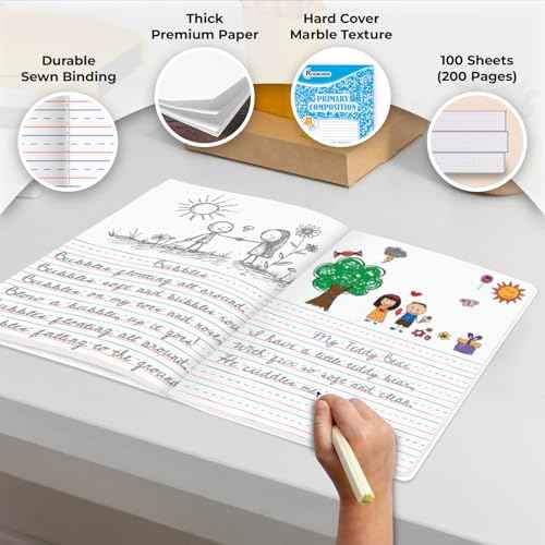 Rosmonde 5 Pack Primary Composition Notebook, 200 Pages (100 Sheets), Drawing Story Journal Writing Notebook, 9-3/4 x 7-1/2, Primary Composition Notebook for Kids, Grades K-2, With Header For Drawing