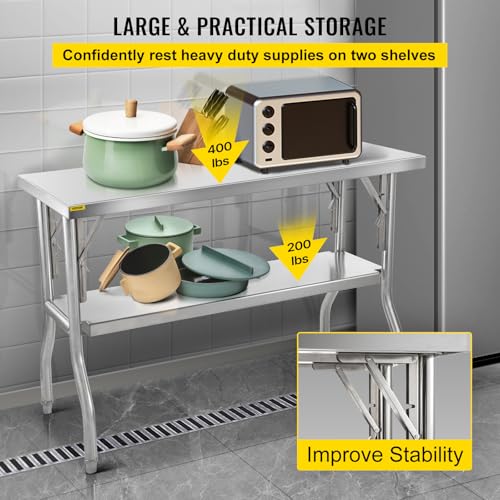 VEVOR Double Layer Stainless Steel Foldable Work Table 48x24 Inch for Commercial Kitchen & Outdoor Use