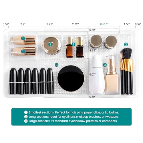 Oubonun Expandable Shallow Plastic Makeup Drawer Organizer 2 Pack, Transparent 1.3" Height