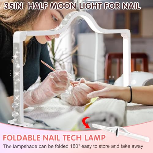 Half Moon Foldable LED Nail Tech Lamp for Desk, 35inch Adjustable 3000K-6000K Dimmable Manicure Table Lamp with Phone Holder (White)