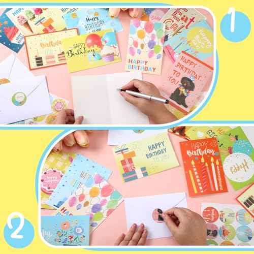 Harloon 200 Pack Happy Birthday Card Assorted Bulk with Blank Envelopes and Stickers 4 x 6 Inches Greeting Blank Happy Birthday Cards for Men Women Adults Kids, 20 Styles(Cute Style)