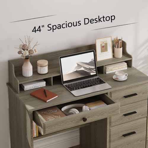 4 EVER WINNER Computer Desk with Drawers, Small Desk with Monitor Stand and File Drawer, Wood Desk with Storage, Writing Desk for Bedroom Home Offic, Grey