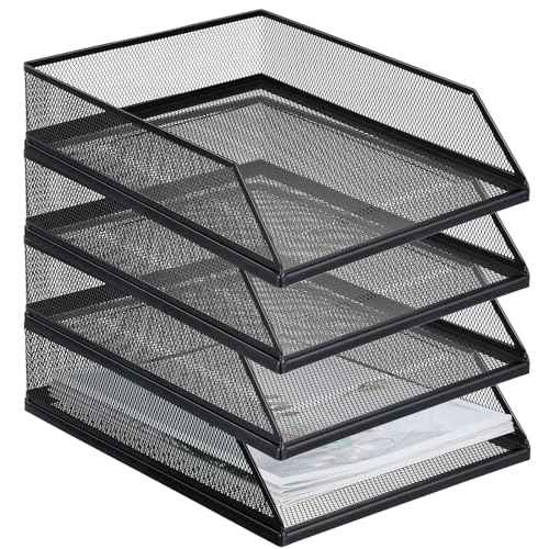 Hicarer 4 Pcs Black Metal Letter Tray Stackable Desk Tray Single Wire Mesh Organizer Front Load File Paper Holder for Desktop Office Home School Classroom (12.8 x 9.84 Inch)