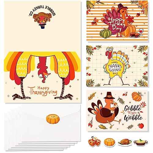 Fulmoon 240 Sets Funny Thanksgiving Greeting Cards Bulk Silly Turkey Gobble Thanksgiving Cards Assortment 4 x 6 Inch Thankful Fall Holiday Card with Envelopes and Stickers for Family Harvest Party