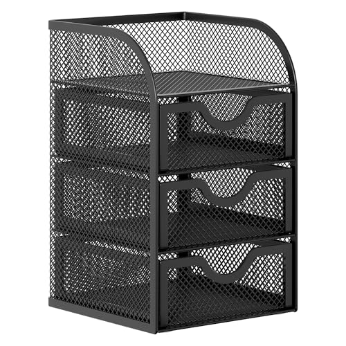 Black Mesh Desk Organizer with 3 Drawers for Office & Home Storage