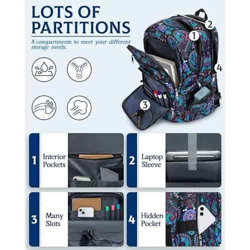 Large Backpack for Women Backpack with Lots of Pockets for Travel Work School Bookbag with Laptop Compartment for High School College Girls Mochilas Morrales para Mujer (Black/Teal, Paisley)