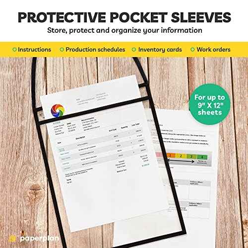 Hanging Job Ticket Holders 9x12 - (30 Pack), 8.5 x 11 Letter Size, Dry Erase Pockets, Clear & Black Plastic Sleeves - Reusable, Water-Resistant