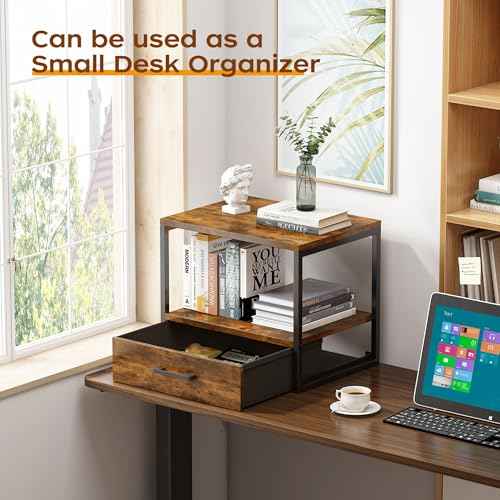 Homeiju 3-Tier Vintage Brown Printer Stand with Storage, Drawer, Multi-Purpose Desk Shelf, Heavy Duty Desktop Shelf/Printer Table for Home Office
