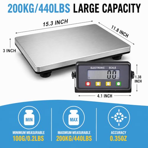 Large Shipping Scale 440lb Capacity with Stainless Platform & LCD Display