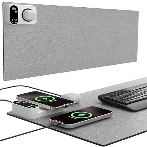 Heated Mouse Pad with 3-in-1 Charging (15W Magnetic Wireless + Type-C + USB-A), Waterproof Warm Desk Pad, 2?6H Auto-Stop Heating, Fabric & PU Leather Office Desk Mat, Large 31.5" x 13" (Grey)