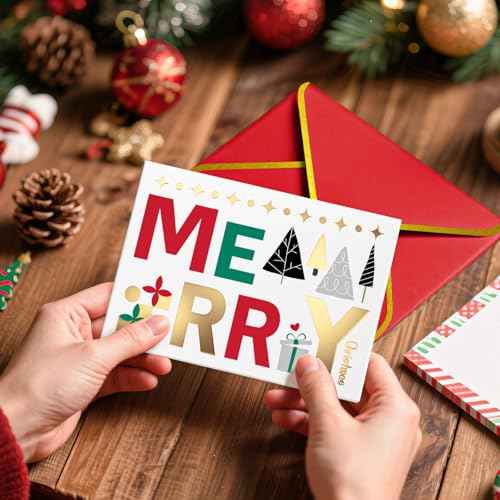 Christmas Cards with Envelopes (Foiled, Red & Green), 24 Gold Foil Holiday Cards Boxed with Non-religious Messages inside, Xmas Card Bulk for Coworkers, Family, Friends, Kids, 6"¡¿4" Folded