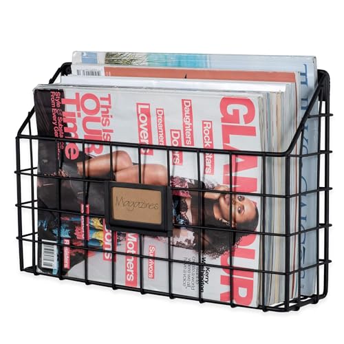 Wall35 Rivista File Holder Home Office Desk Organizer, Wall Mounted Wide Chicken Wire Mail Organizer and Magazine Holder, Metal, Black