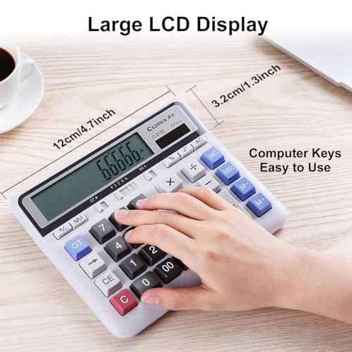 Comix Desktop Calculator Solar Battery Dual Power with 12-Digit Large LCD Display and Large Computer Keys Standard Function Calculator for Home Office School, White