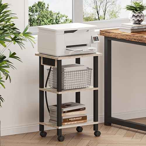 TUTOTAK 3 Tier Printer Stand, Rolling Printer Cart with Power Outlets and USB Ports, Mobile Printer Table with Wheels, for Under Desk, Office, Home, Black PS02BG001