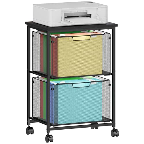 Letter/Legal Rolling File Cart with 2 Storage Drawers, Under Desk Storage, Vertical Filing Cabinet for Home Office, Hanging File Folders Organizer, Mobile Utility Cart Printer Stand, Black