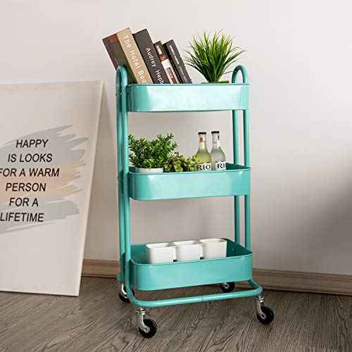 3-Tier Metal Rolling Storage Cart Organizer Cart Storage Shelves for Office, Studio,Kitchen, Bathroom (Blue)