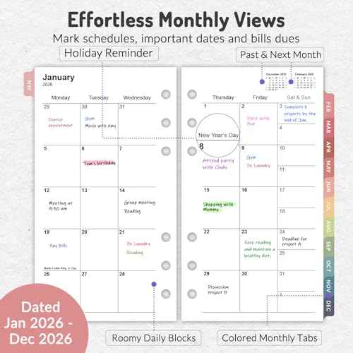 2026 Weekly & Monthly Planner Refills for A6 6-Ring Binders, Nov 2025 - Dec 2026, Forvencer 6-Hole Punched Planner Inserts with Colorful Monthly Tabs, Pocket Calendar Organizers, 3-3/4" x 6-3/4"