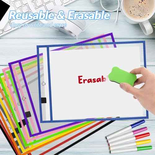 BEVTEE 8 Pack Dry Erase Pocket Sleeves with 1 Ring, 10x14 Inch Clear Plastic Paper Sleeves, Reusable Sheet Protectors, Teaching Supplies for Classroom Elementary