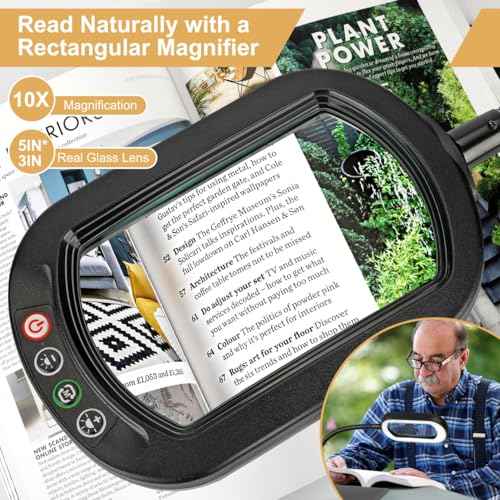 Veemagni 10X Rectangle Magnifying Glass with Light and Stand, Flexible Gooseneck LED Lighted Desk Lamp, 5 Color Modes Stepless Dimmable, Hands Free Magnifier for Reading Crafts Painting Close Work