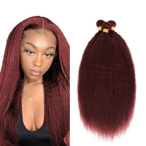 #99J Burgundy Bundles Human Hair Yaki Straight Bundles 16 16 16 Inch Wine Red Kinky Straight Bundle Unprocessed Brazilian Virgin Weave Hair 3 Bundle 50 Gram Per Bundle