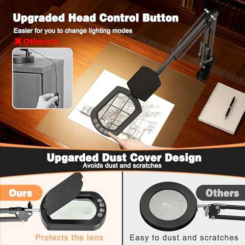 Rectangle Magnifying Glass with Light and Clamp, 15X 10X Desk Magnifying Lamp with Dust Cover, 5 Color Modes Dimmable, 84 LED Real Lens Lighted Magnifier Hands Free, Table Lamp for Repair Crafts Hobby