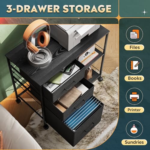 DEVAISE 3 Drawer Mobile File Cabinet, Rolling Printer Stand with Open Storage Shelf, Fabric Lateral Filing Cabinet fits A4 or Letter Size for Home Office, Black
