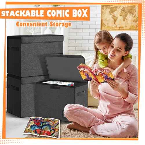 Leffis 4 Pack Comic Book Storage, Collapsible and Stackable Comic Short Box, Moistureproof Comic Box with Lid and Label Slot 15.5" X 7.5" X 11.3" Holds 150 Comics