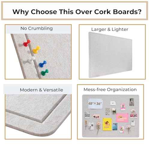Foldable Bulletin Board 48x36 Large, Felt Cork Board for Wall with Adhesive Tape, Fabric Pin Board for Office, Home, School, Classroom, Kitchen, Dorm Room, Includes 30 Pins, Ivory Tan