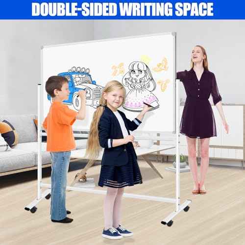 Double-Sided Rolling Whiteboards on Wheels 72 X 48, Large Dry Erase Board with Stands, Magnetic Mobile White Board Standing White Boards with Eraser & Marker & Magnet & Magnetic Calendar