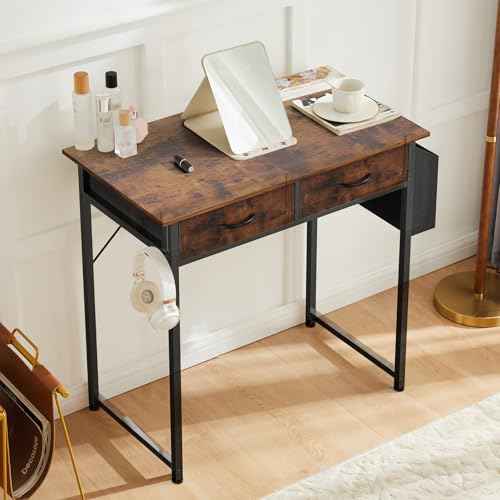 DUMOS 32" Home Office Computer Desk with Drawers, Small Gaming Writing Study Table with Storage Side Bag, Headphone Hook and Adjustable Feet for Bedroom Rustic Brown