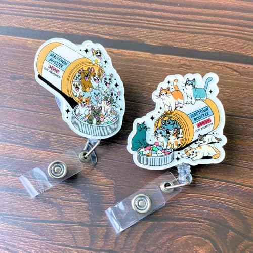 Cat Badge Reel Funny Nurse Cats Mom Lovers Retractable Clip Holder Happy Pills Booster Cute Nursing Vet Tech Technician Veterinary Pharmacy Mental Health RN Medical Worker Office Accessories Gifts