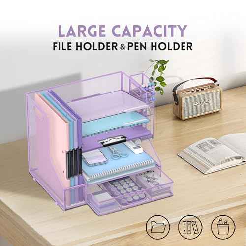 DALTACK Mesh Desk Organizer, 5-Tier Paper Letter Tray with File Holder & Pen Holder & Sliding Drawer, Desktop Organizer and Storage for Desk Accessories Office Supplies, Purple