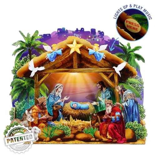FaCraft Religious Nativity Musical Christmas Cards, 10"x7" Handmade 5-Layer 3D Pop Up Christmas Cards Gift Jesus Christ Birth Scene Decoration with Envelope, Blank Note, Seal, for Family Friends Kids