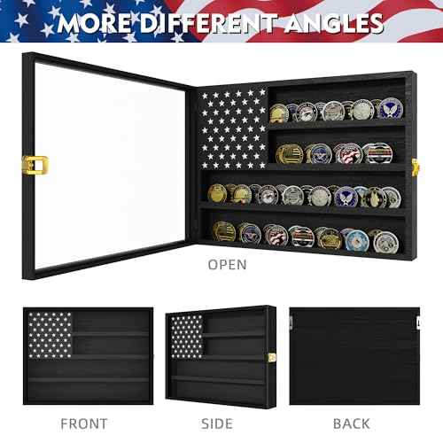 Military Challenge Coin Display Case 16 x 12 in, Wooden American Flag Shadow Box with Anti-Dust UHD Acrylic Door, Gold-Antitheft Lock & Wall Mount, Gift for Collectors (Black Large)