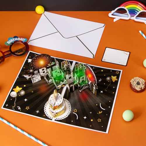 Ribbli Birthday Cards, Firework Pop Up Card with Light and Music, Musical Birthday Card for Men Women, 8.2 x 5.7 Inches with Envelope