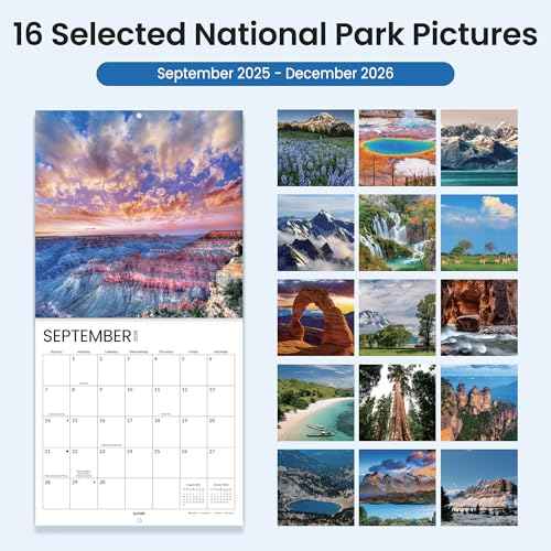 SUNEE 2026 Wall Calendar 12x12 Inches with 16 Months from September 2025 to December 2026, Large Wall Calendar Thick Glossy Paper, 12" x 24" (Open), National Parks