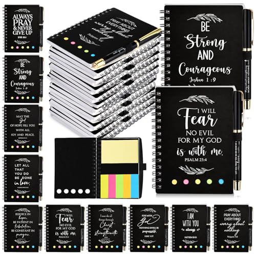 Kosiz 30 Set / 60 Pcs Christian Gifts Bulk with Pocket Spiral Religious Notebook with Sticky Notes Bible Verse Pens Prayer Journal Gifts for Church Men Women Sunday School(Black)