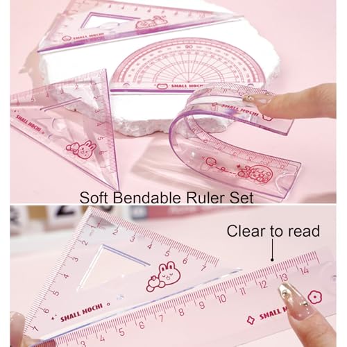 Pink Flexible Ruler Set 4 Pieces 15cm PVC Bendable Geometry Tools for School Office