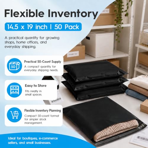 Black Poly Mailers 14.5x19 Inches - Pack of 50 Shipping Bags for Clothing