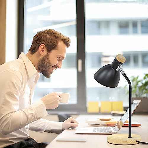 Lampwell Helle Black Office Desk Lamp for Home Office Bedrooms,Wood Base,Kids Girls Student Desk Lamp,9.69¡¿5.91¡¿H14.88IN,Bulb Excluded