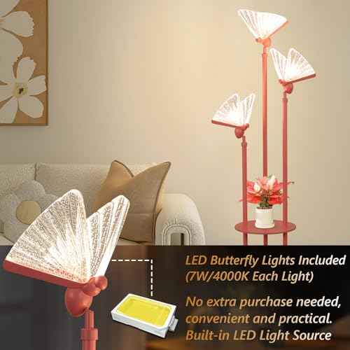 Butterfly Lamp, Pink Floor Lamp with Shelves, 3 Lights Modern Standing Lamps with Table, Acrylic Adjustable LED Butterfly Lights, On/Off Switch, Corner Tall Lamps for Living Room Girls Bedroom