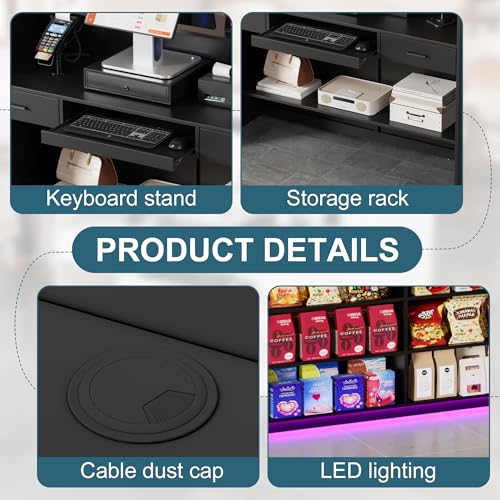 SDMY Black Reception Desk with LED Lighting, 47.7 inch Front Desk Counter for Retail & Office