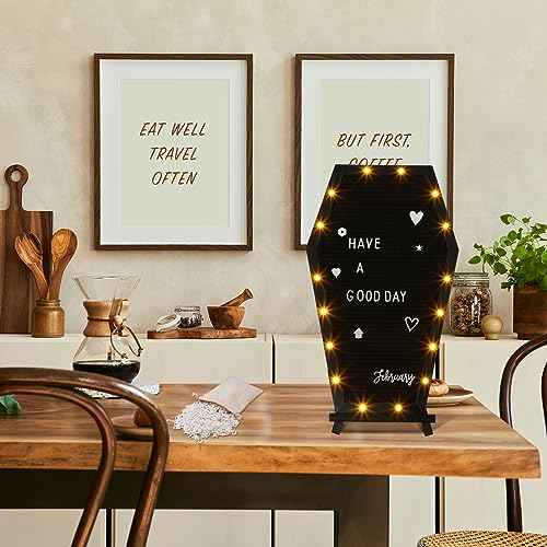 Colarr Coffin Black Felt Letter Board Built in LED Lights with Stand Halloween Decor, 500+ Characters White Precut Halloween Letter Board Home Decor with Linen Storage Bag 16.54 x 10.47 Inch