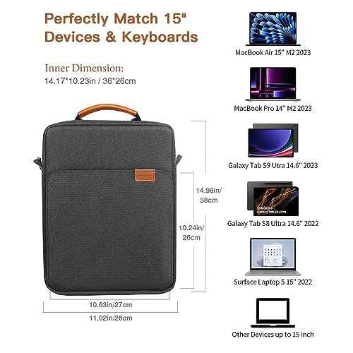 MoKo 15 Inch Laptop Sleeve Bag Fits MacBook Air 15" M2 2023, MacBook Pro 14" M2 2023, Galaxy Tab S9 Utra 14.6" 2023, Handle Carrying Case with Shoulder Strap, Black & Gray