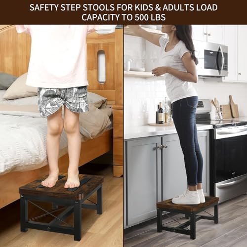 YINMIT Rustic Brown 1 Tier Wooden Step Stool Heavy Duty 500 lb Load Capacity