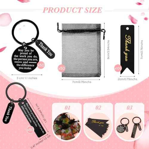 Yinkin 300 Pcs Christmas Employee Appreciation Gift Thank You Keychain Bulk Gifts for Coworker 100 Inspirational Staff Appreciation Keychain 100 Organza Bags 100 Cards for Teacher Nurse Team(Black)