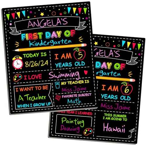 Double-Sided First Day of School Sign Board, 12 ¡¿ 10 Inches Back to School Sign, Reusable Color Painting First and Last Day of Preschool Board, Washable Chalkboard for Kindergarten Pre-K