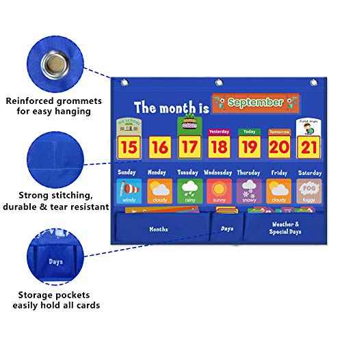 Weekly Calendar with Weather Pocket Chart Elementary for Classroom Home,98 Bright Cards Included,Learning Pocket Chart Calendar for Kids Toddlers