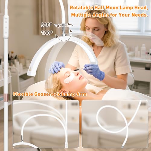 HITTI Lash Light for Eyelash Tech, Flexible Gooseneck LED Half Moon Floor Lamp for Esthetician & Artists,Tattoo, Extensions, Nail, Beauty, Craft, Adjustable Height, Dimmable Brightness and Color-White