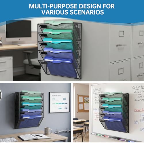 KZWKRG Black 5-Tier Magnetic Wall File Holder - No Drilling Office Organizer